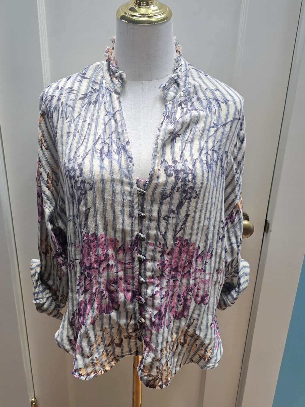 Anthropologie Pilcro Striped Button-Down Top with Pink Floral Accents